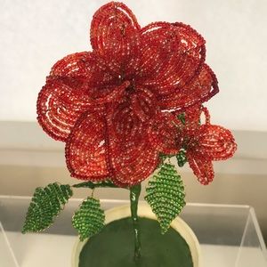 Antique French Beaded Red Rose and Leaves In a Planter